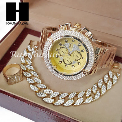 TECHNO KING ICED SET RAPPER 14K GOLD WATCH CUBAN BRACELET RING SET L18 - Raonhazae