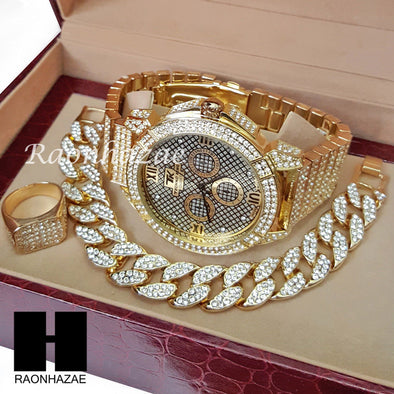 TECHNO KING ICED SET RAPPER 14K GOLD WATCH CUBAN BRACELET RING SET L19 - Raonhazae