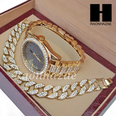 TECHNO PAVE ICED SET RAPPER 14K GOLD PT WATCH CUBAN BRACELET SET L025 - Raonhazae