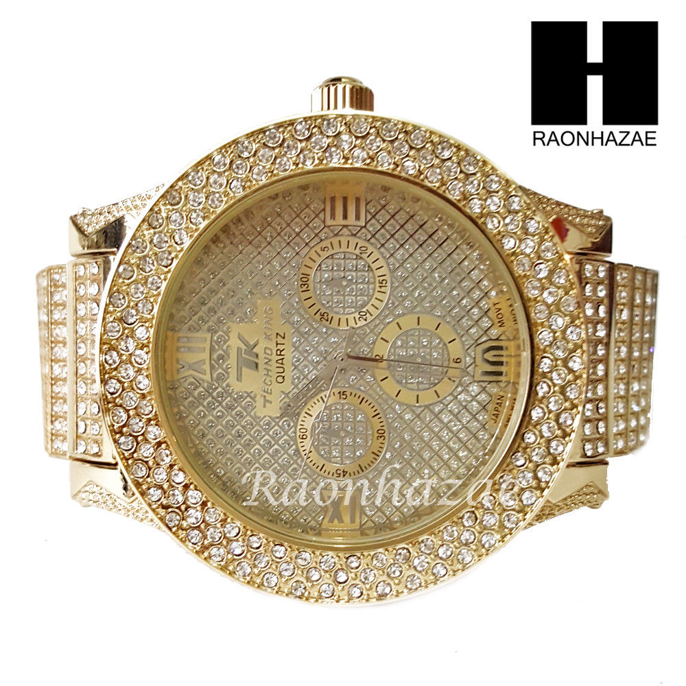 Men's Hip Hop 14K Gold PT Bling Lab Diamond Techno King Rapper Watch L ...