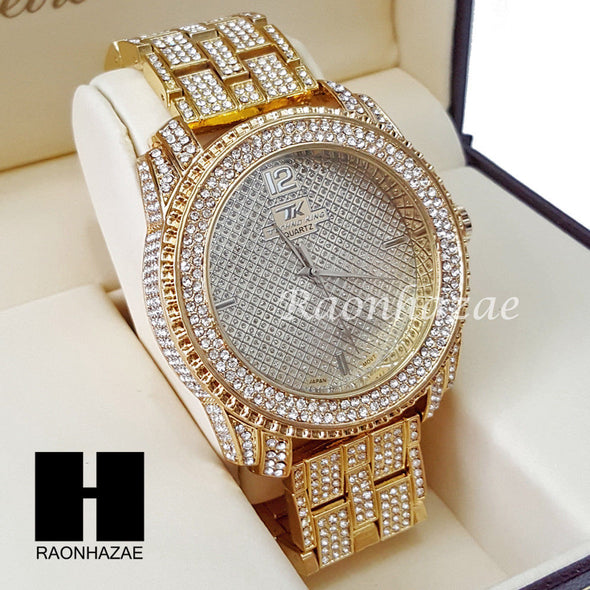 Men's Hip Hop 14K Gold PT Bling Lab Diamond Techno King Rapper Watch L5 - Raonhazae