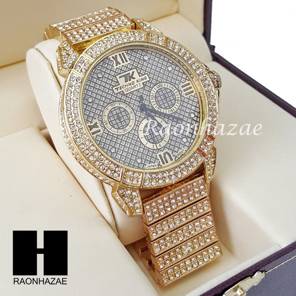 Men's Hip Hop 14K Gold PT Bling Lab Diamond Techno King Rapper Watch L7 - Raonhazae