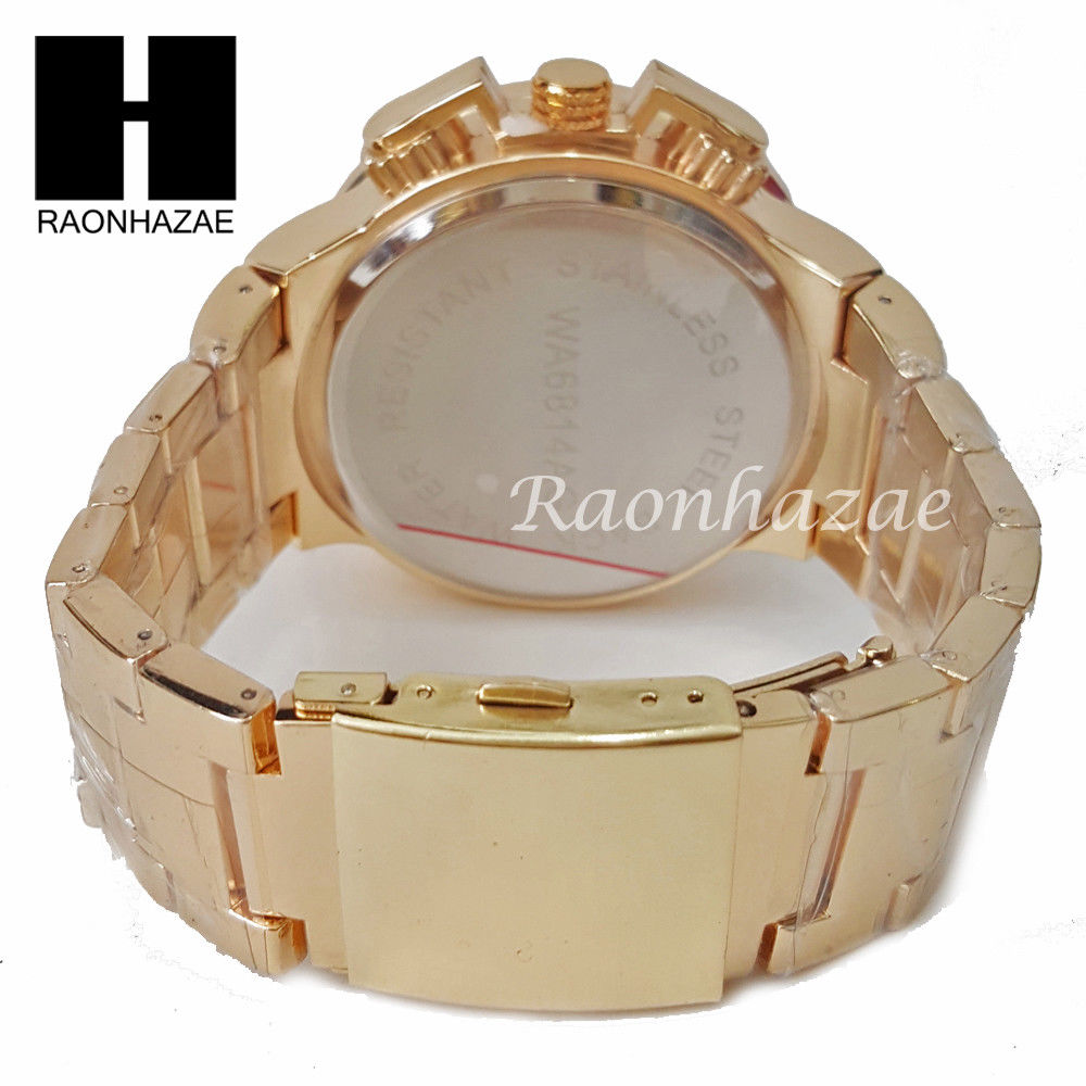 Mens Hip Hop 14K Gold PT Crystal Techno King Rapper Metal Band Watch L ...