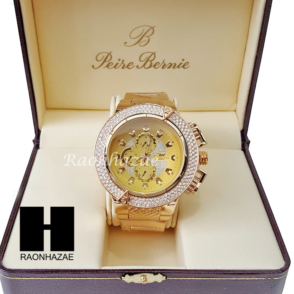 Mens Hip Hop 14K Gold PT Crystal Techno King Rapper Metal Band Watch L ...