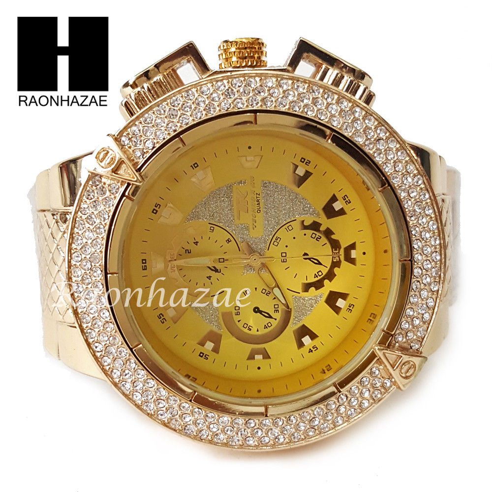 Mens Hip Hop 14K Gold PT Crystal Techno King Rapper Metal Band Watch L ...