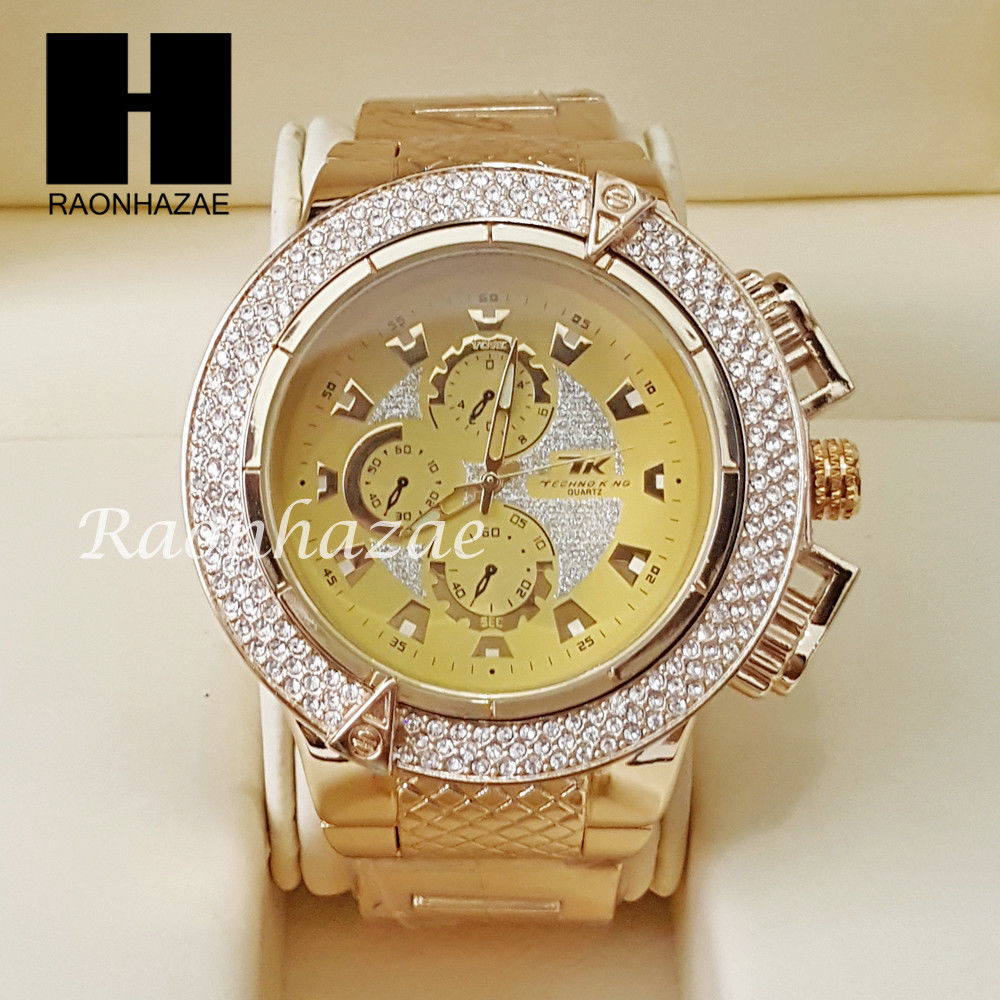 Mens Hip Hop 14K Gold PT Crystal Techno King Rapper Metal Band Watch L ...