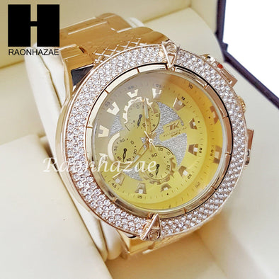 Mens Hip Hop 14K Gold PT Crystal Techno King Rapper Metal Band Watch L9 - Raonhazae