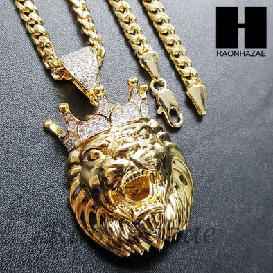 Mens Lab Diamond Gold PT King Lion Face Pendant w/ 4mm Cuban Chain B05G - Raonhazae