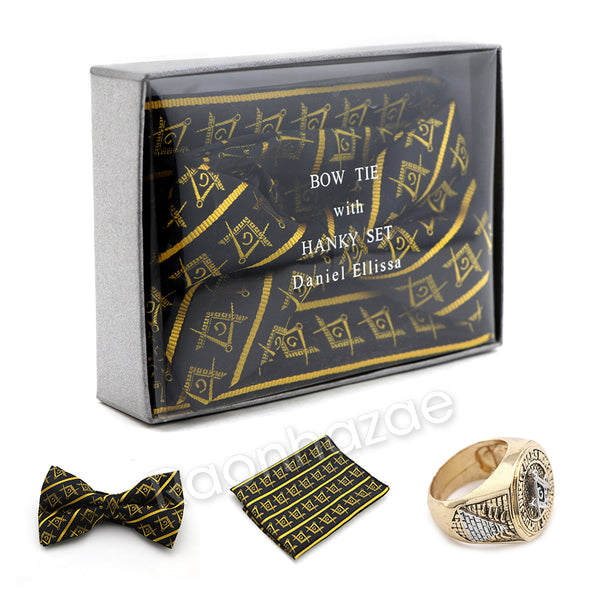 MENS MASONIC FREEMASON LODGE ATTIRE BOW TIE GOLD COMPASS HANKY SET W/ RING G1 - Raonhazae