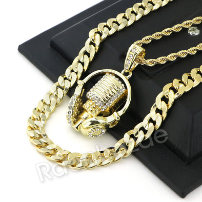 MIC & HEADPHONE CHARM ROPE CHAIN DIAMOND CUT CUBAN CHAIN NECKLACE G71 - Raonhazae