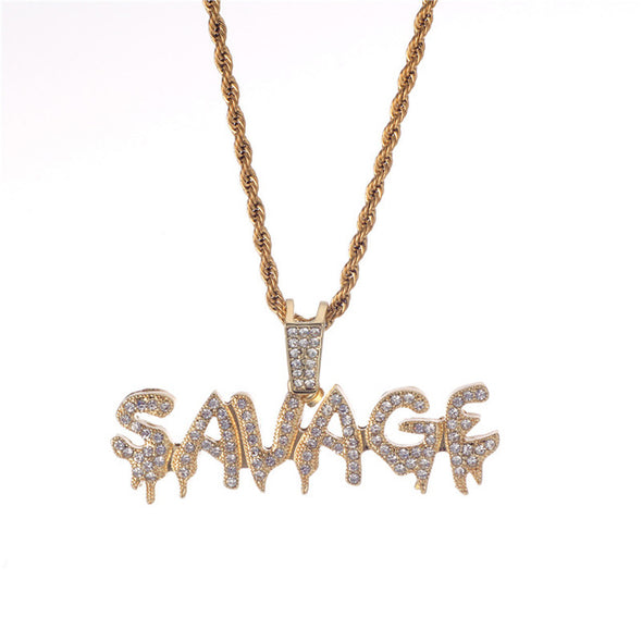 Bling Bling Savage Letter Necklace & Pendant Shiny Ice Out Link Chain Necklace With Tennis Chain Choker Hip Hop Jewelry for Men - Raonhazae