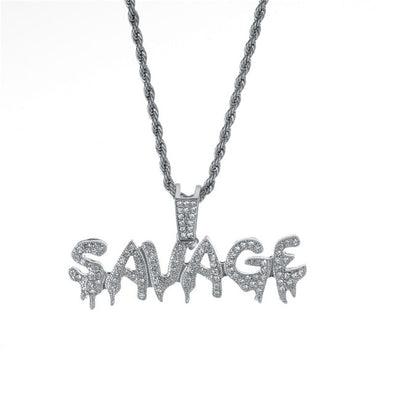 Bling Bling Savage Letter Necklace & Pendant Shiny Ice Out Link Chain Necklace With Tennis Chain Choker Hip Hop Jewelry for Men - Raonhazae