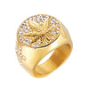 HIP Hop 316L Stainless Steel Iced Out Bling Gold Color Ring Micro Paved Rhinestone Weed leaf Rings