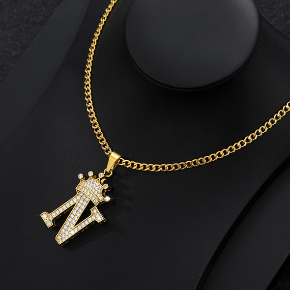 Hip Hop King Crown Letter Pendant Necklace Initial Alphabet 24" Cuban Necklace Chain