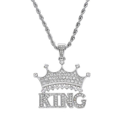 Hip Hop King Crown Iced Pendant Stainess Steel 24" Rope Chain Set