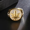 HIP Hop 316L Stainless Steel Iced Out Bling Gold Color Ring Micro Paved Rhinestone Weed leaf Rings