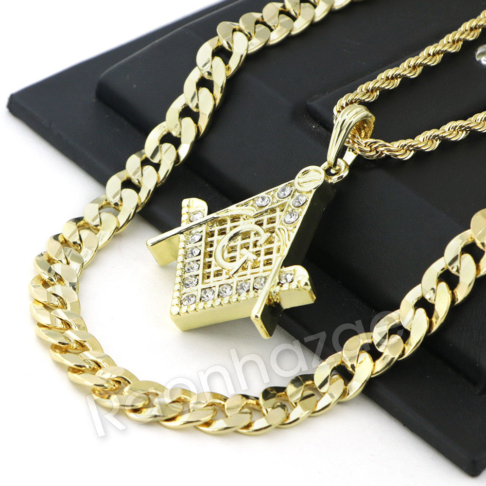 FREEMASON MASONIC CHARM ROPE CHAIN DIAMOND CUT CUBAN CHAIN NECKLACE G6 ...
