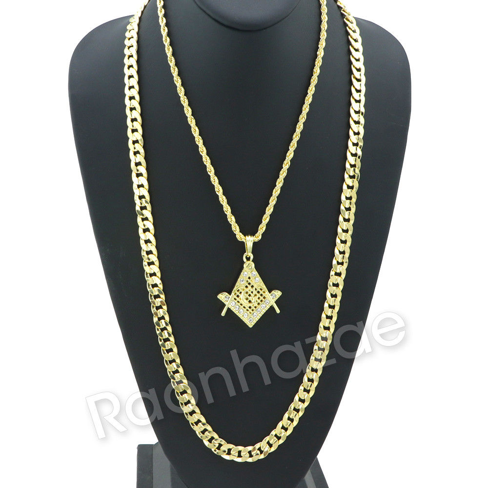 FREEMASON MASONIC CHARM ROPE CHAIN DIAMOND CUT CUBAN CHAIN NECKLACE G6 ...