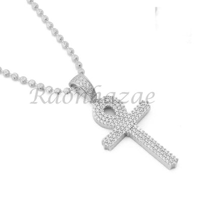 Sterling Silver .925 AAA Lab Diamond Bling Ankh Cross w/2.5mm Moon Cut Chain S53 - Raonhazae