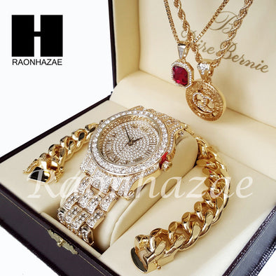 Gold PT Simulated Diamond Pave Watch Ruby QC Chain Cuban Bracelet Set O - Raonhazae