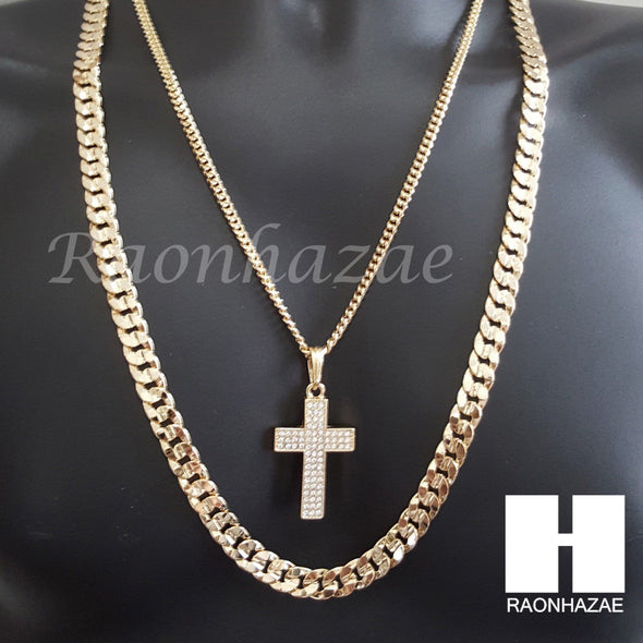 MEN CROSS CUBAN CHAIN DIAMOND CUT 30" CUBAN LINK CHAIN NECKLACE S065 - Raonhazae