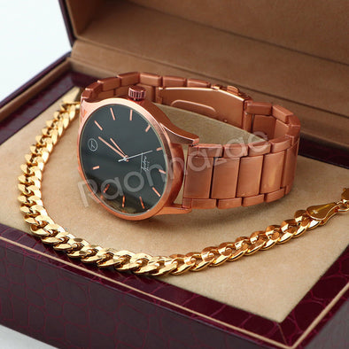 Men Rose Gold PT Designer Bezel Metal Band Watch Diamond Cut Cuban Bracelet G90 - Raonhazae