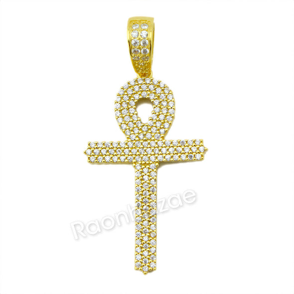 Sterling Silver .925 AAA Lab Diamond Bling Ankh Cross w/2.5mm Moon Cut Chain G53 - Raonhazae