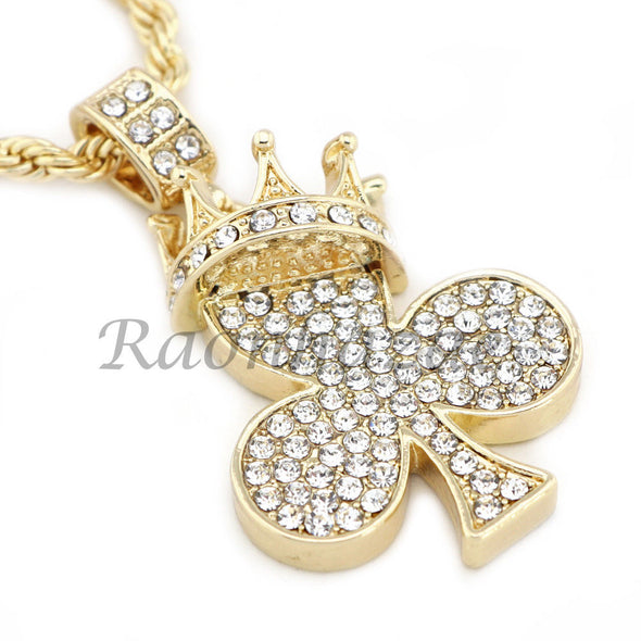 CED OUT KING CROWN CLOVER PENDANT DIAMOND CUT 30" CUBAN ROPE CHAIN NECKLACE G41 - Raonhazae