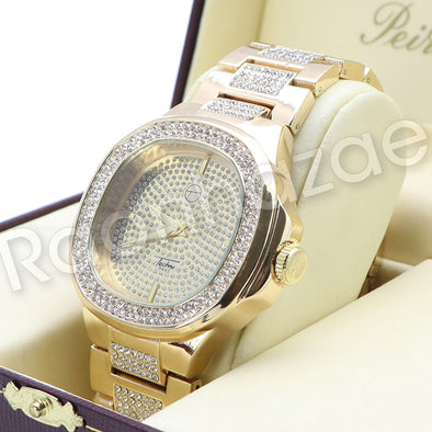 Hip Hop 14K Gold PT Luxury Bling Gold Watch Sandblast Bracelet Set F34G - Raonhazae