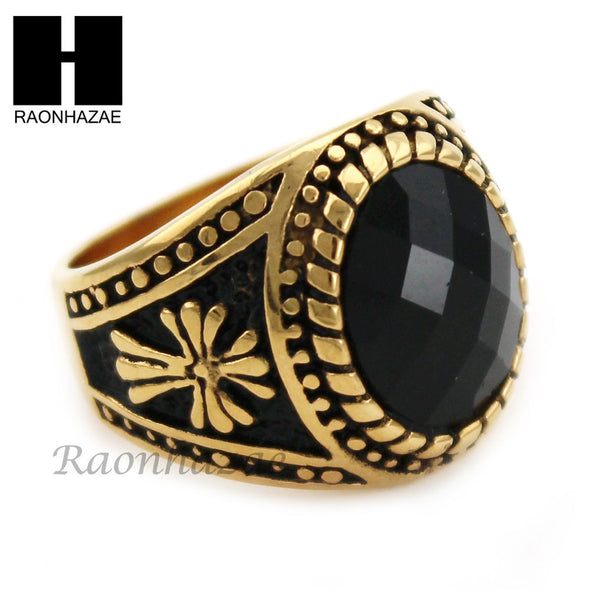 MEN STAINLESS STEEL HIP HOP CROSS 14K GOLD TONE BLACK ONYX RING 8-12 SR033CL - Raonhazae