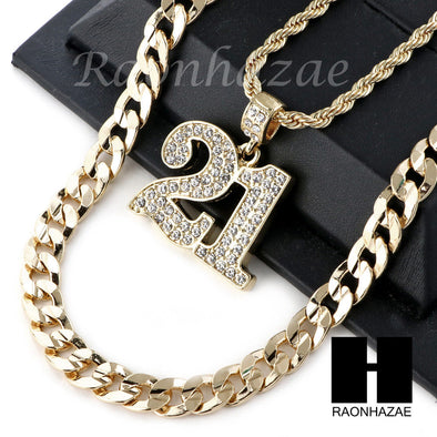 21 SAVAGE NUMBER PENDANT DIAMOND CUT 30" CUBAN CHAIN NECKLACE SET G25 - Raonhazae