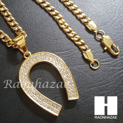 316L Stainless steel Gold Horse Shoe w/ 5mm Cuban Chain SG20 - Raonhazae