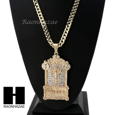 PRAYING HANDS CROSS LAST SUPPER PENDANT w/ DIAMOND CUT CUBAN LINK CHAIN - Raonhazae