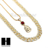 MENS LAB DIAMOND GOLD CUBAN CHAIN RED RUBY JESUS COMBO 2 NECKLACES SET1 - Raonhazae