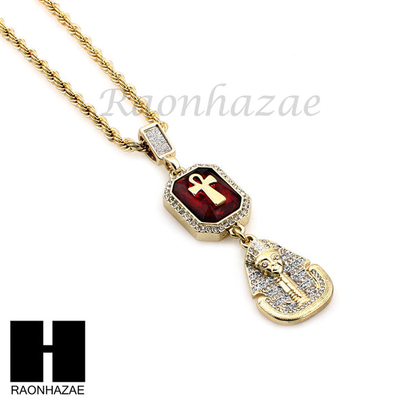 LAB DIAMOND GOLD CUBAN CHAIN RED RUBY KING TUT PHARAOH ANKH NECKLACES - Raonhazae