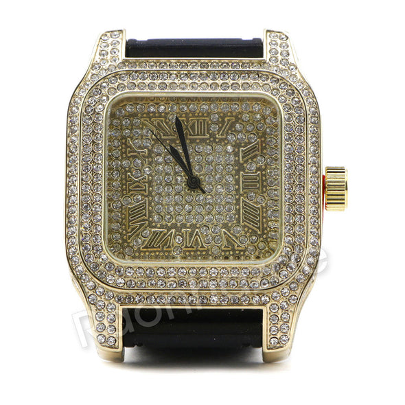 Men Simulate Diamond Gold Silver Plated Hip Hop Black Rubber Watch 27BK - Raonhazae