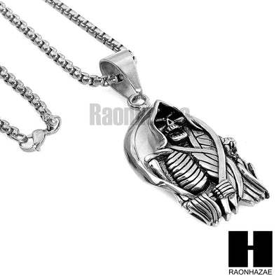 316L STAINLESS STEEL SAINT DEATH SANTA MUERTE SILVER PENDANT W 24" BOX CHAIN NECKLACE 2 - Raonhazae