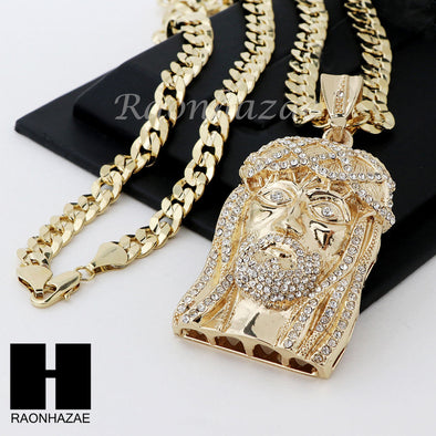 MEN LIL WAYNE JESUS FACE & DIAMOND CUT CUBAN 24" 30" 36" CHAIN NECKLACE - Raonhazae