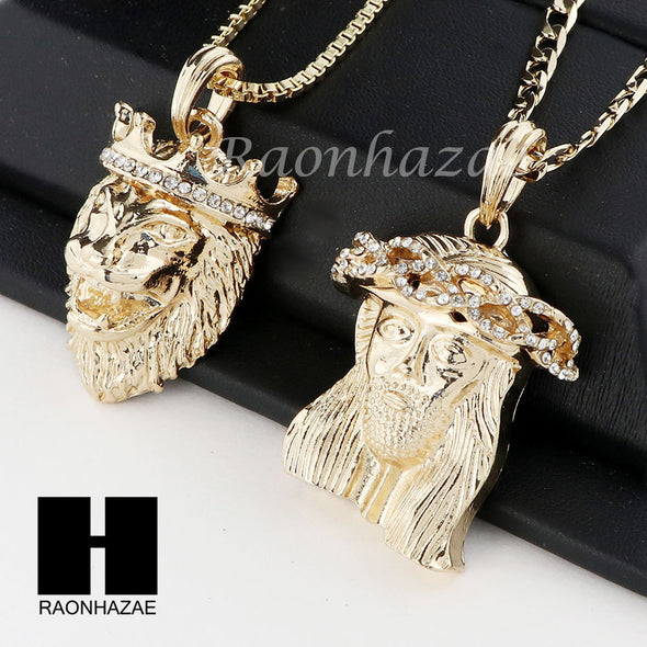 MEN JESUS & KING LION PENDANT BOX CUBAN CHAIN DOUBLE NECKLACE SET SD04 - Raonhazae