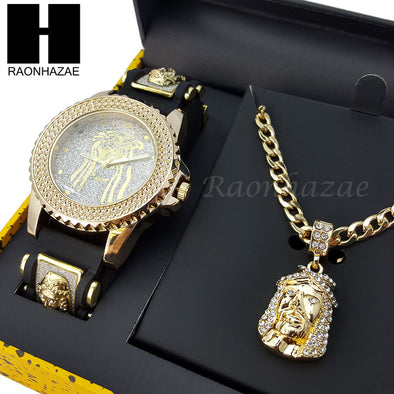 MEN TECHNO PAVE WATCH & JESUS PENDANT CUBAN CHAIN NECKLACE GIFT SET S74 - Raonhazae