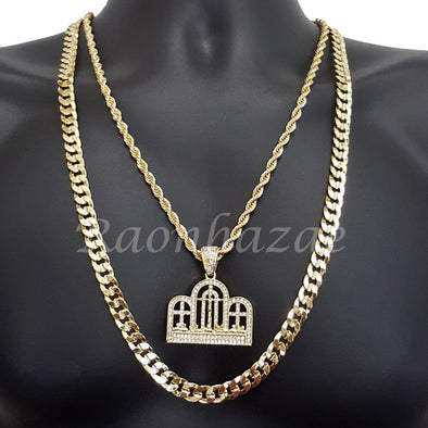 THREE CROSS ROPE CHAIN DIAMOND CUT 30" CUBAN CHAIN NECKLACE SET G24 - Raonhazae