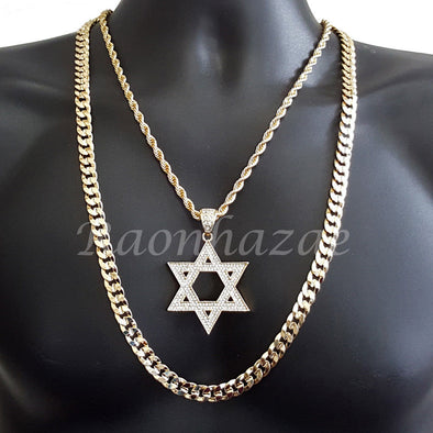 BLING DAVID STAR ROPE CHAIN DIAMOND CUT 30" CUBAN CHAIN NECKLACE SET 36 - Raonhazae