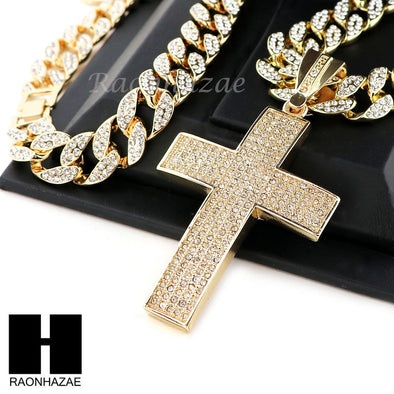 Hip Hop 14k Gold Plated 2Pac Cross PAVE Pendant 30" Cuban Link Chain N1 - Raonhazae