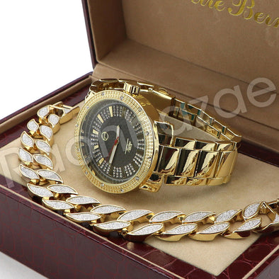 Men Hip Hop 14K Gold PT Luxury Bling Watch Sandblast Bracelet Set F25G - Raonhazae