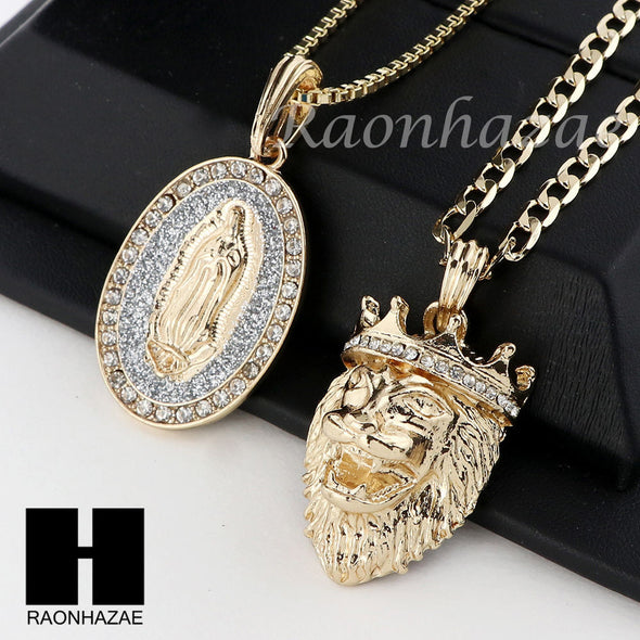 MEN GUADALUPE & LION PENDANT BOX CUBAN CHAIN DOUBLE NECKLACE SET SD07 - Raonhazae