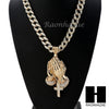 Men Praying Hands Holding Cross Pendant 30" Heavy Cuban Link Chain 43 - Raonhazae