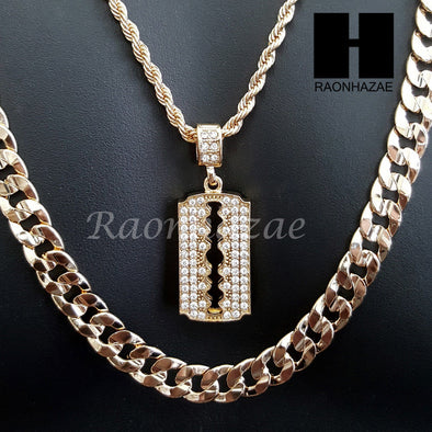 MEN GOLD BARBER RAZOR BLADE CHARM CUT 30" CUBAN LINK CHAIN NECKLACE S87 - Raonhazae