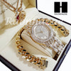 Gold PT Simulated Diamond Pave Watch Ruby QC Chain Cuban Bracelet Set O - Raonhazae