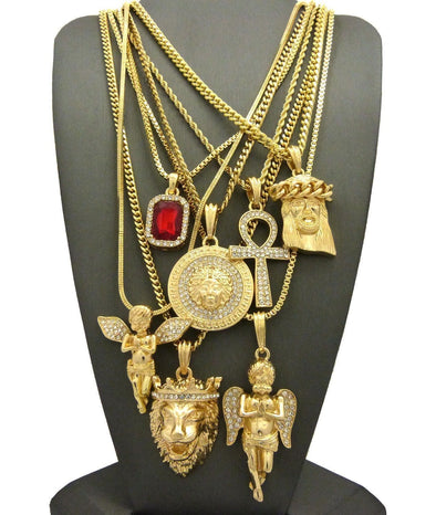 Hip Hop Ruby, 2 Angels, Jesus, Lion, Medusa, Ankh Pendant 7 Necklace Set GB112G - Raonhazae