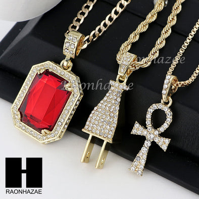 RUBY ANKH PLUG PENDANT 24" 30" ROPE BOX CUBAN CHAIN NECKLACE SET S011 - Raonhazae